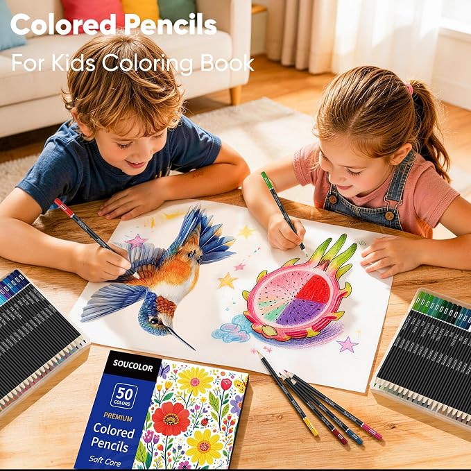 Soucolor 50 Colored Pencils - Premium Art Supplies for Adults Coloring Book | Long-lasting vibrancy Colors, Smooth Writing, Easy Blending and Shading, Perfect for Coloring Books, Sketching & Drawing Pads
