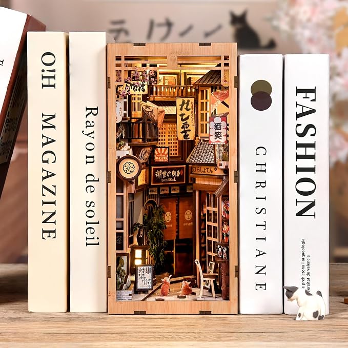 Book Nook Kit,with LED Light,DIY 3D Wooden Dollhouse Puzzle,Bookshelf Decorative Gift(The Alley Waiting for the Cat)