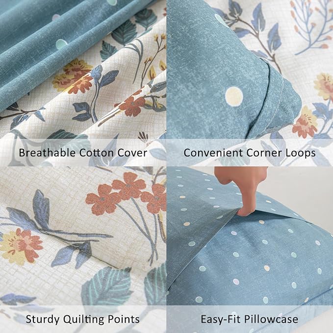 LEMIROE Botanical Cotton Comforter King Size - Lake Green Comforter with Dusky Blue & Warm Rust Leaves on Ivory,Reversible Lightweight Bedding Sets 3Pcs(Polka Dot)