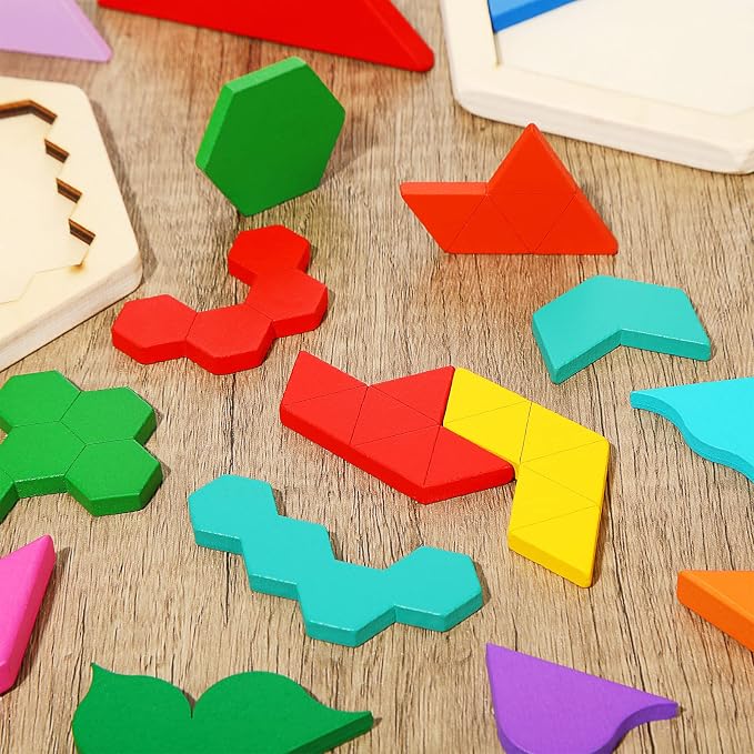 Jerify 5 Pack Wooden Tangram Puzzle for Kids Wooden Hexagon Puzzle Block Teaser Geometric Shapes Tangram Games for Boys Girls Toddler 1-3 Jigsaw 3D Logic IQ Game Gift