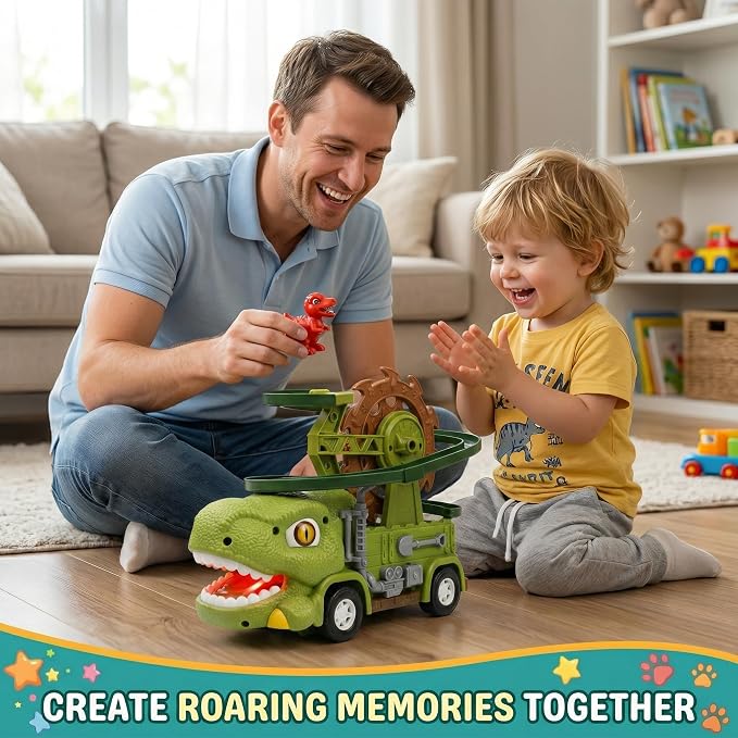 Dinosaur Truck Toy For Kids Ages 3 4 5 6 7 8, 3-in-1 Dinosaur Truck, 3 Sliding Little Dinos On Tracks , & Glow in Dark Mode. Includes Obstacle Detection For Continuous Play And Endless Adventure.