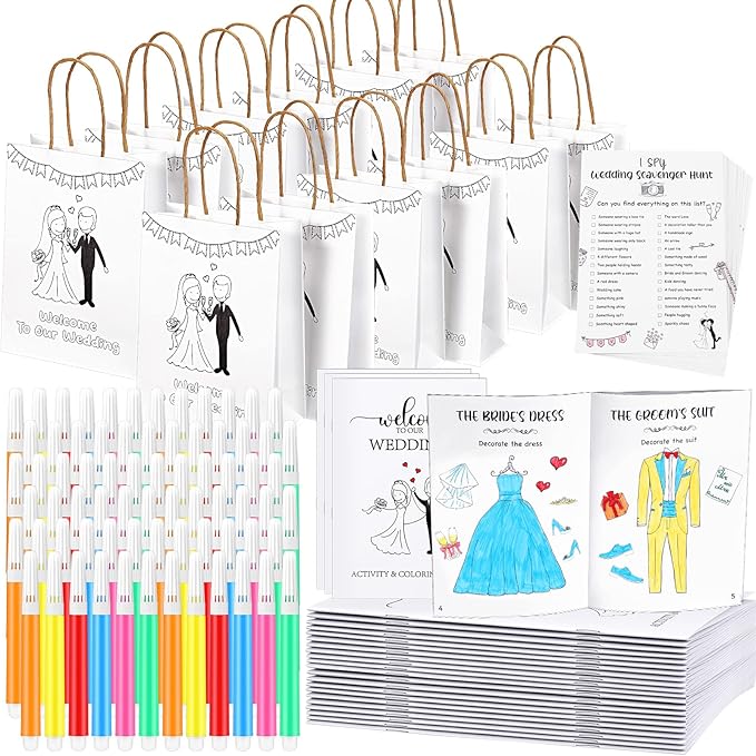 Gueevin 48 Pcs Wedding Activities for Kids Coloring Books Individually Packaged Wedding Coloring Books Gift Goodie Bags and Scavenger Hunt Sheets for Kids Games Favors (Watercolor Pens)