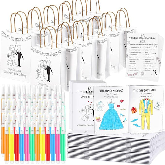 Gueevin 48 Pcs Wedding Activities for Kids Coloring Books Individually Packaged Wedding Coloring Books Gift Goodie Bags and Scavenger Hunt Sheets for Kids Games Favors (Watercolor Pens)