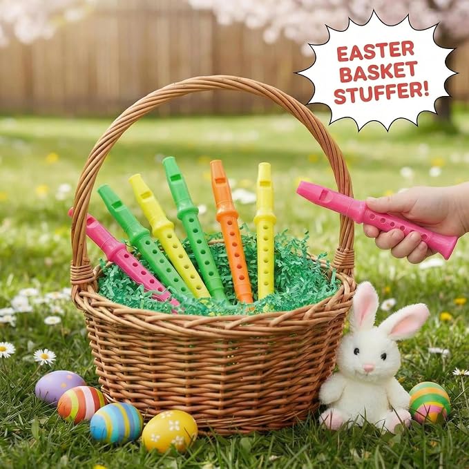 12 Pack 5.5 Inches Plastic Recorders for Kids, Mixed Color Flute Musical Instrument Toy for Party Favors, Classroom Music Education, Gift for Children，Easter Basket Stuffers, Easter Egg Fillers