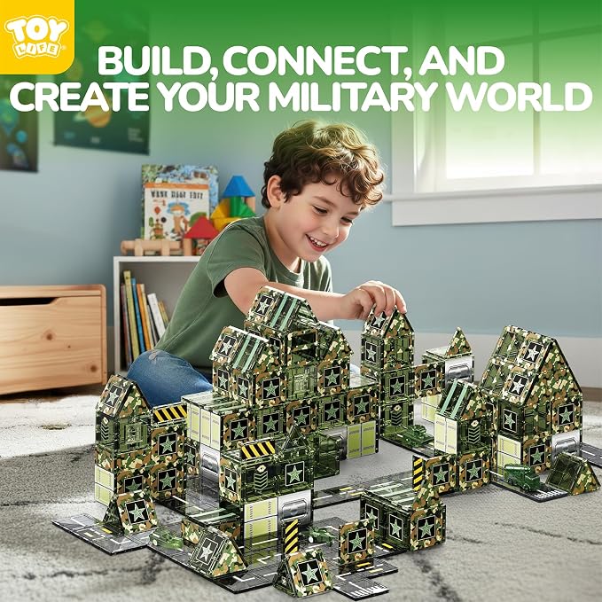 TOY Life 58PCS Magnetic Tiles Military, Army Toys Building Set for Kids Ages 4-8, STEM Magnetic Building Blocks for Toddler 3-5, Educational Magnet Tile Army Men Base Set for Boys & Girls Ages 3+