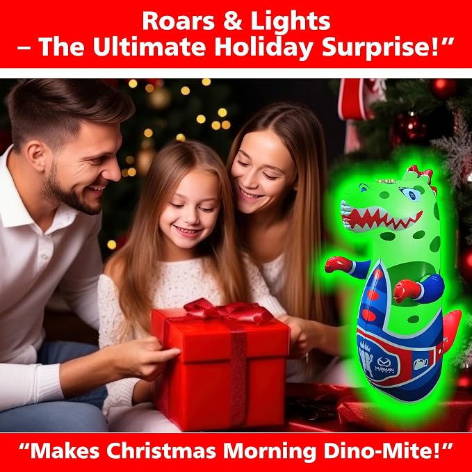 Marwan Sports Dinosaur Punching Bag for Kids Ages 3-10 — 47" Sensory Bop Bag, Glow-in-the-Dark with Roaring Sounds & Color Changing Lights | Indoor Energy Burner & Birthday Gift for Active Kids