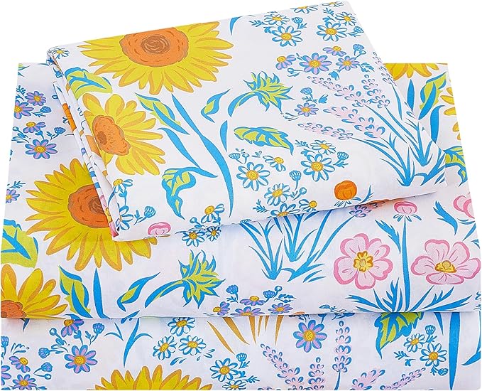 Viviland 3 Pieces Girls Floral Spring Twin Sheet Set - Soft Microfiber Fitted Flat Sheets & Pillowcase Bed Sheet Set - Summer Sunflower Print Bedding Sets for Kids