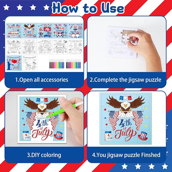 Fennoral 24 Pack 4th of July Craft Kit for Kids Color You Own Patriotic Jigsaw Puzzle with Base DIY Coloring Independence Day Art and Craft for Classroom Activity Party Favor Supplies,4.7inch