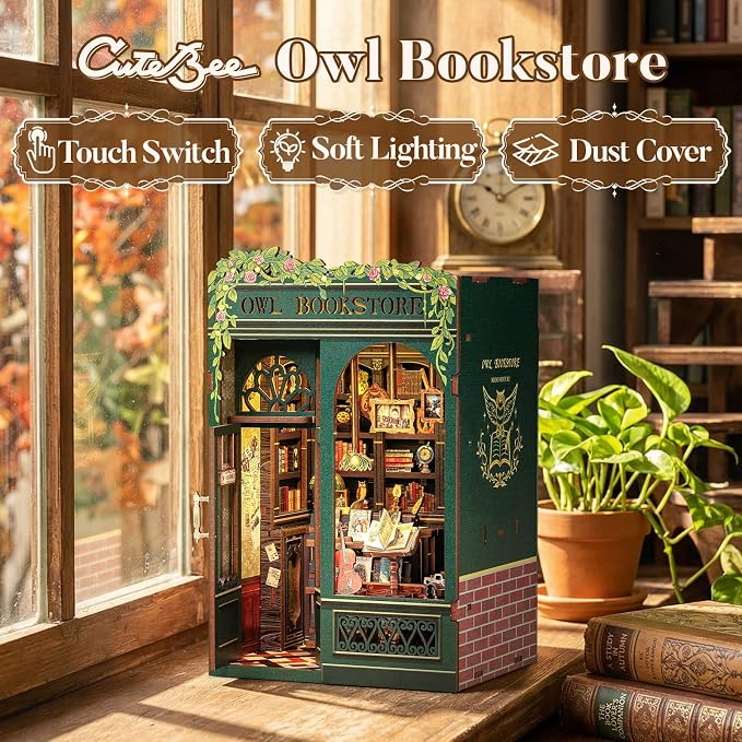 CUTEBEE Book Nook Kit - DIY Miniature House Kit for Adults, Teens and Beginners, Dollhouse Booknook Library Tiny House Bookshelf Decor 3D Wooden Puzzle, Gifts for Family, Friends (Owl Bookstore)