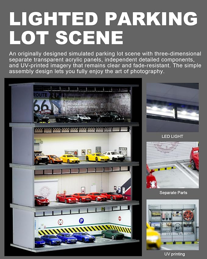 1/64 Scale Display Case Car Garage Moldel, Acrylic Cover Diecast Car Show Case with LED Light 6 Parking Spaces, Hot diecast Wheel Parking Scene (Vehicles Not Included) Red Line