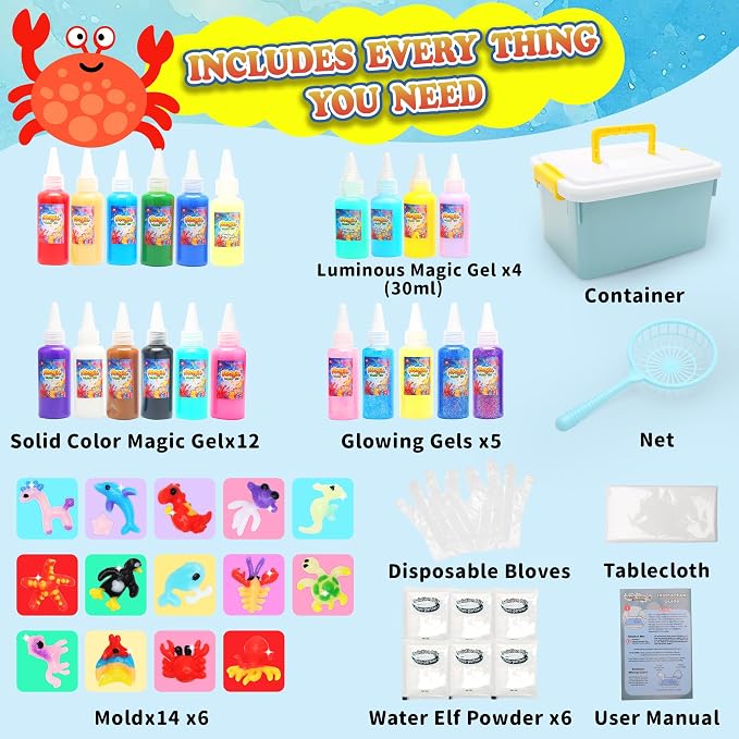 HunDun Squishy Making Kit Water Squishy Toy,Magic Water Elf Toy Kit for Kids,Water Pets Sensory DIY Craft Kit with 22 Gels & 14 Molds.Squishy Toys Maker Set.Aqua Fairy Gel Magic Water Art Kit Favors