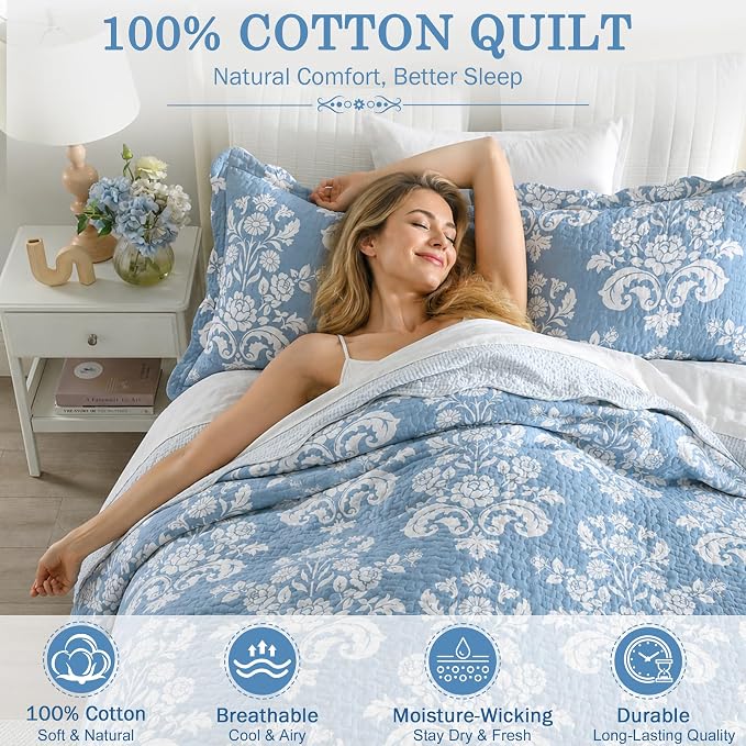 Queen Size Quilt Set 3 Pieces - Light Blue and White Floral Scalloped Quilt with Shams, 100% Cotton Lightweight Reversible Bedspread for Bedroom & Guest Room, 90×98''