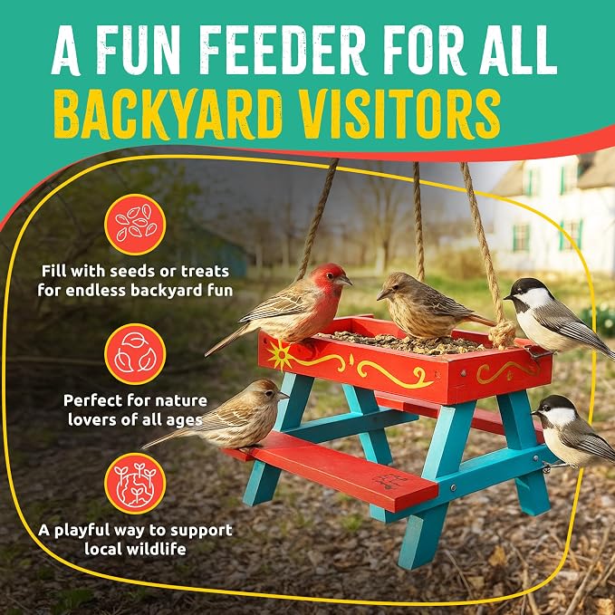 SparkJump Picnic Table Bird Feeder Kit, DIY Woodworking Project for Kids and Families, Complete Tools and Paint Set, FSC-Certified Sustainable Wood, Backyard Nature Activity, Ages 6+