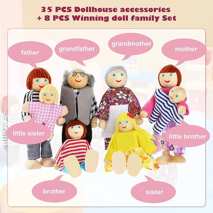 Sumind 35 Pcs Wooden Dollhouse Furniture with 8 Family Figures, Montessori Educational Wood Dolls House Accessories for 1:12 Scale, Preschool Imaginative Play Kit for Girls and Boys