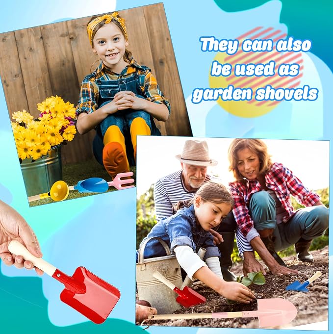 8 Pieces Kids Beach Sand Tools Metal Beach Spoon, Trowel, Rake, Forks, Flat and Pointed Shovel Sand Digging Buckets with Sturdy Wooden Handle for Children Gardening Use