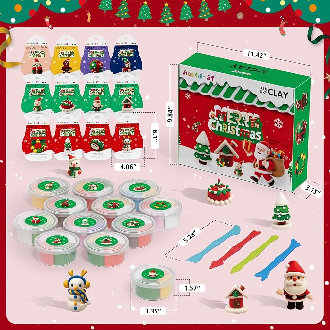 Air Dry Clay Kit - Christmas Theme, Modeling Clay for Kids, DIY Magic Clay with Sculpting Tools and Tutorials,12 Boxes Molding Clay, Ultra Light, Soft & Non-Sticky, Arts and Crafts Gift for Kids