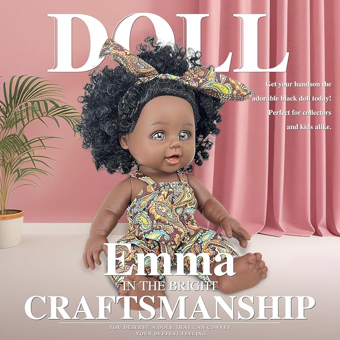 Nice2you Black Baby Doll, 10 inch American African Girl Doll with Dress, Realistic Reborn for Kids Aged 2 3 4 5 6, Silicone Small Toy Curly Hair Birthday Gift, Brown, BD-1