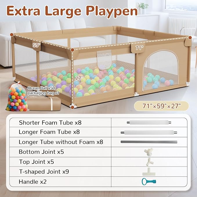 71x59 Playpen for Babies and Toddlers - Extra Large Baby Fence Play Area with Travel Bag Plus 50 Pit Balls & Pull Rings - Portable Infant Play Yard Indoor Outdoor Baby Gate Activity Center(Khaki)