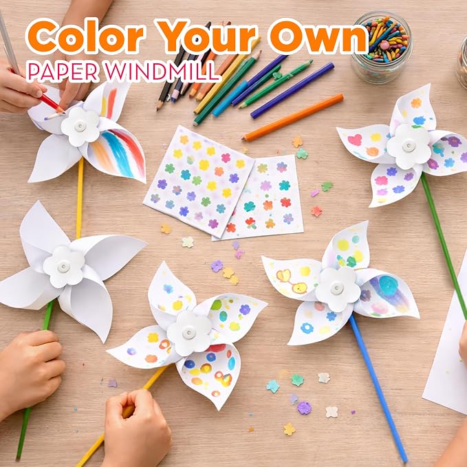 4E's Novelty 24 Pack DIY Pinwheels Craft for Kids, Bulk Summer Pinwheel Craft Kit, Color Your Own Paper Windmill Patriotic Pinwheels for Kids Bulk 4th ofJuly Craft for Kids Art Games