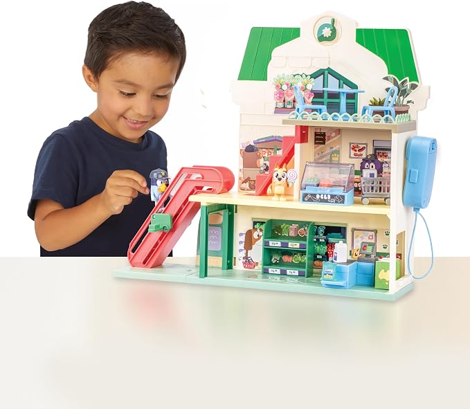 Bluey and Bingo Supermarket Playset with Escalator, Pretend Play Toys for Toddlers, Sounds and 15 Pieces, Bluey Grocery Store Playset