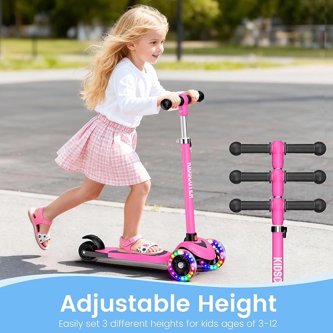 Multicolor Kids Scooter for Ages 3-12, 3 Wheel Lean to Steer Scooter with LED Light-Up Wheels, Adjustable Handlebar, Detachable Easy Storage for Boys & Girls
