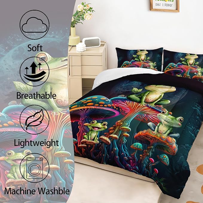 AILONEN Frog Comforter Set Twin Size,Fantasy Magic Mushroom Frog Kids Bedding Set for Boys Girls,Green Wild Animals Duvet Set 3 Pieces, 1 Quilt and 2 Pillowcases, All Season