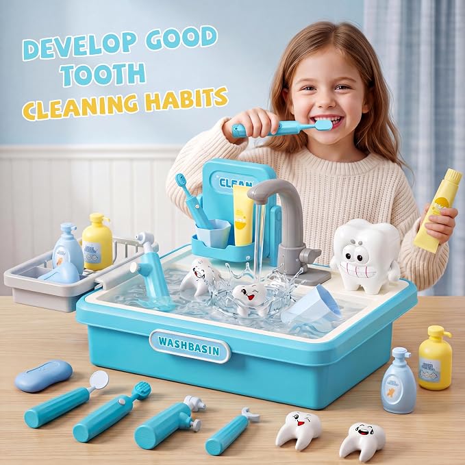 Play Sink with Running Water, Toy Sink Auto Water Cycle System, Play Sink Toys for 2 3 4 Year Old Boys, Dentist Play Set with Oversize Teeth, Pretend Play Toys, Birthday Gifts for 2 3 4 Year Old