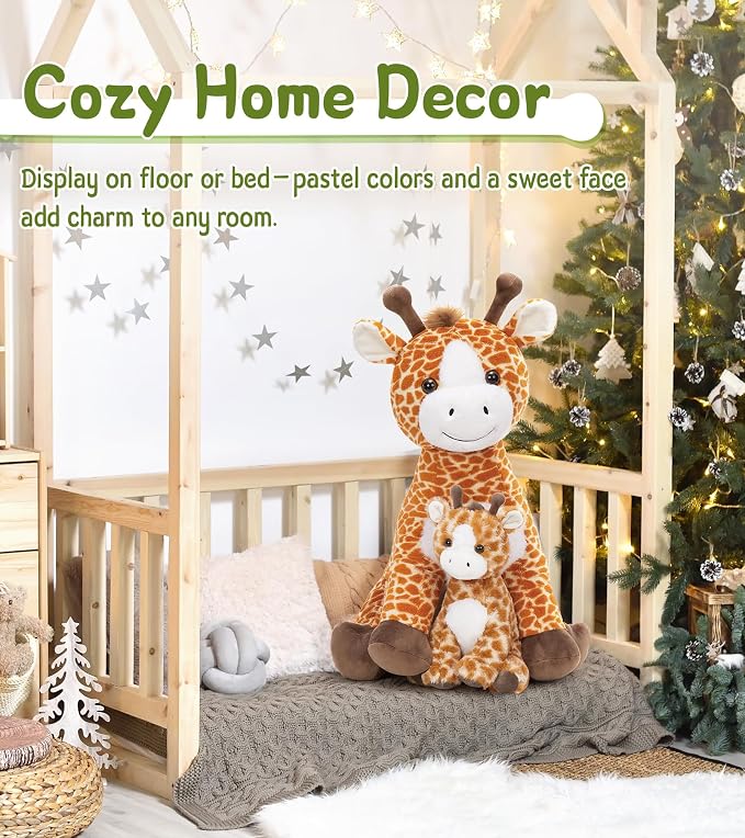 Tezituor Giraffe Stuffed Animal,25.6in Large Giraffe Plush Toy with Baby, Cute Plushies,Giraffe Plush Pillow Huggable,Christmas Valentines Birthday Gifts for Kids Adults Girlfriend Girls Boys, Brown