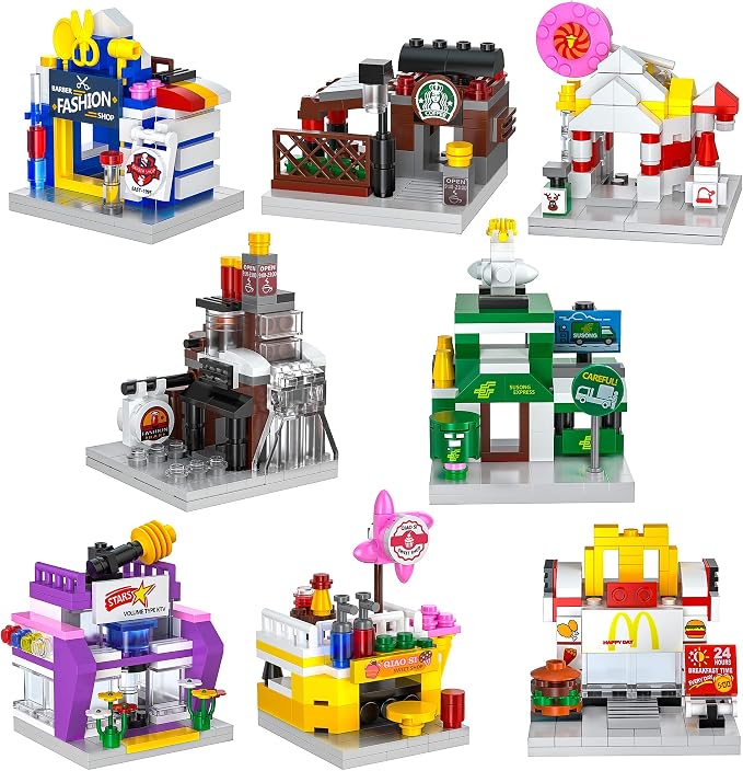 8 Packs Mini City Shop Street View Building Blocks Kit,MOC Construction Creative Educational Kit with Hair Salon & Café Store,Girls Boys Dream Toy Set,Christmas Birthday Party Favors for Kids