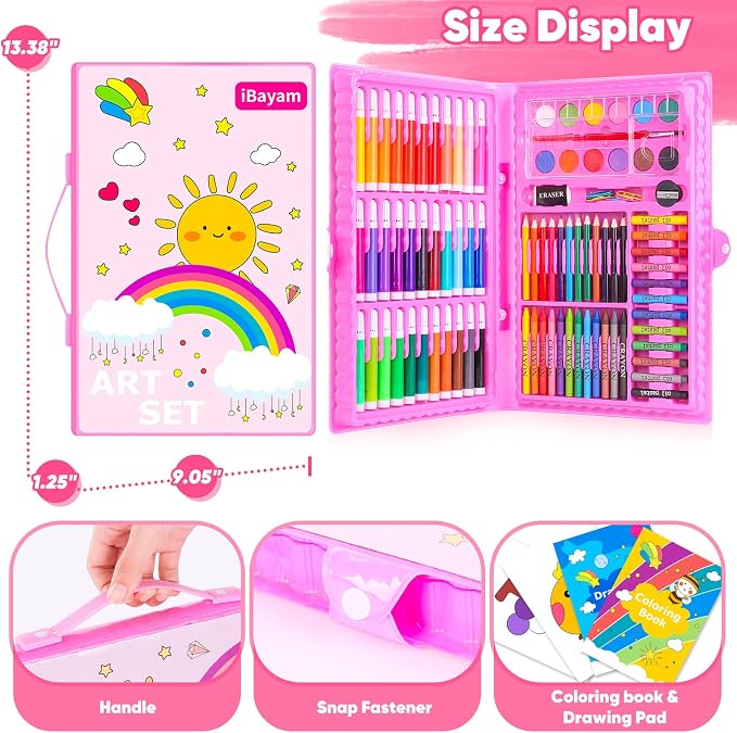 iBayam Art Supplies, 149-Pack Drawing Kit Painting Art Set Art Kits Gifts Box, Arts and Crafts for Kids Girls Boys, with Coloring Book, Crayons, Pastels, Pencils, Watercolor Pens & Cakes (Pink)