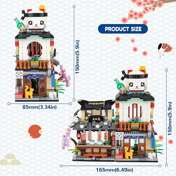 809 PCS Japanese Street View Izakaya Building Blocks – Foldable MOC Sakura Dining Bar Model Kit, Mini Bricks Gift for Adults Kids Girls 6-12 (Not Lego Compatible)