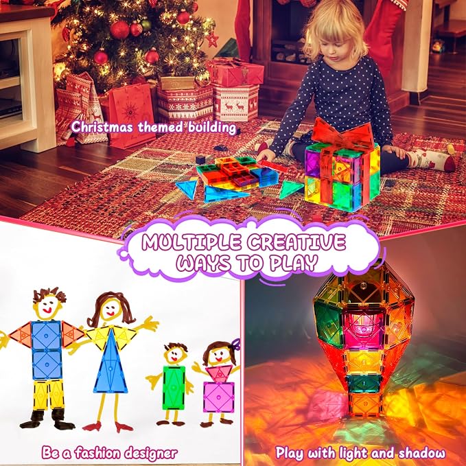 Lotmey 132PCS Magnetic Tiles with 2 Cars Deluxe Set, 3D Magnetic Building Blocks, Preschool Magnetic STEM Toys Sensory Educational Toys for Toddlers Kids 3 4 5 6 7 8-12, Gift for Boys Girls