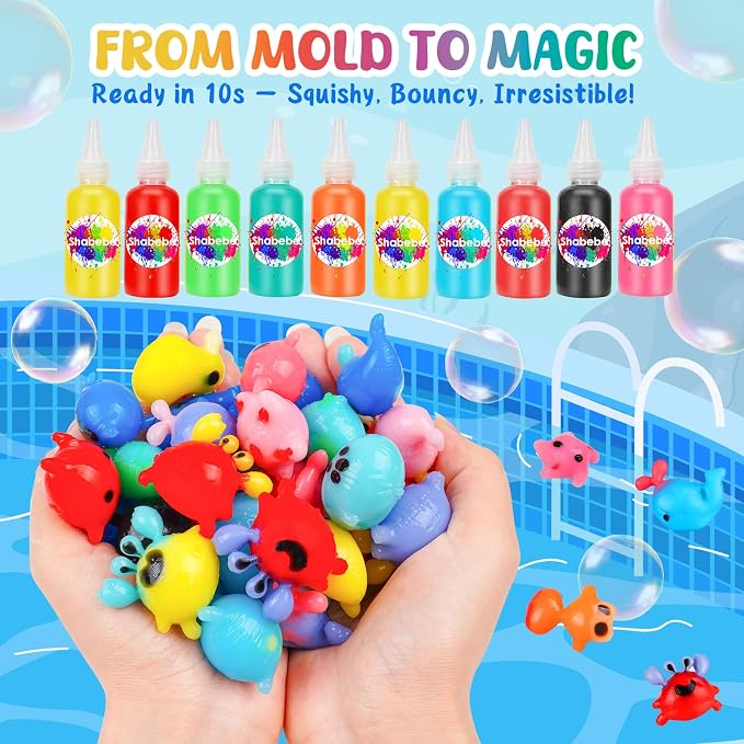Shabebe Magic Water Elf Toy Kit– 10 Magic Gels & 8 Sea Creature Molds, DIY Aqua Fairy Water Gel Crafts Toy, Make Water Pets & Squishy Figures, Fun Birthday Gift for Kids Ages 3+