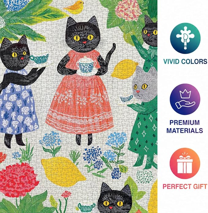 Cross & Glory | 1000 Piece Jigsaw Puzzles for Adults | The Whiskered Tea Society | Whimsical Cat Puzzles for Adults | Garden Tea Party Scene | Satin Finish Cat Puzzle | Ages 14+
