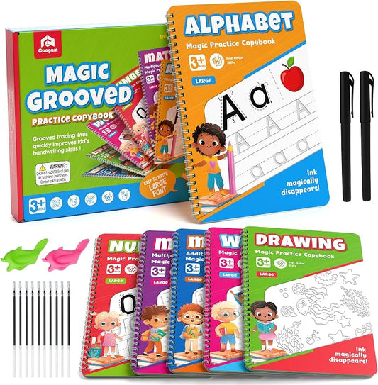 Coogam 6Pcs Magic Grooved Writing Practice for Kids, Grooved Handwriting Copybook with Pens, Learn to Write Number Letter Tracing Workbook for Kids Age 3-8 Preschool Learning Activities