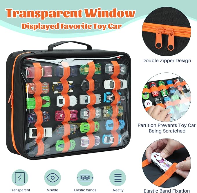 124 Slots Toy Cars Storage Case with Clear Window, Matchbox Cars Storage Holds 124 Diecast Cars, Matchbox Cars Organizer Compatible with Toy Cars, Portable Carrying Case with 5 PE Board Panels (Black)