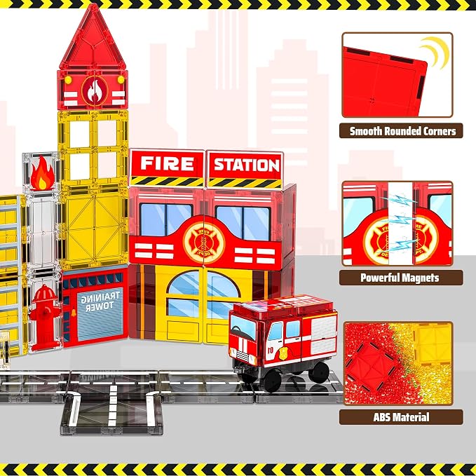 Fire Station Magnetic Tiles for Kids, Building Toys for Kids Ages 4-8 with Fire Truck, Firemen, Road Magnet Tiles STEM Magnetic Blocks for Kids Ages 4-8, Building Toys for 3+ Year Old Boys Gifts