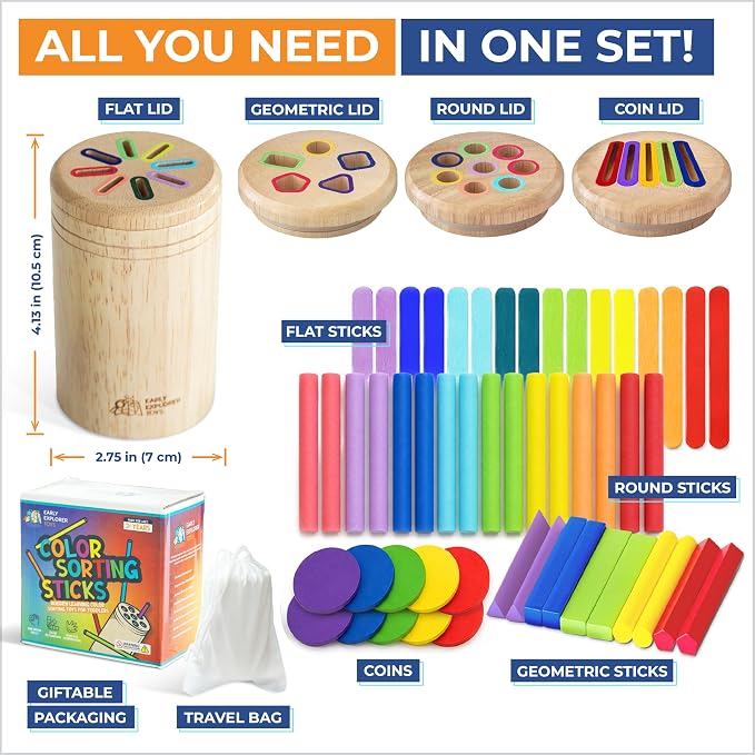 4 in 1 Montessori Toys for 2 3 4 Year Old, Wooden Color Sorting Toys for Toddlers 1-3, Preschool Learning Activities Fine Motor Skills Matching Games, Sensory Color Sorting Toy, Gift for Boy Girl