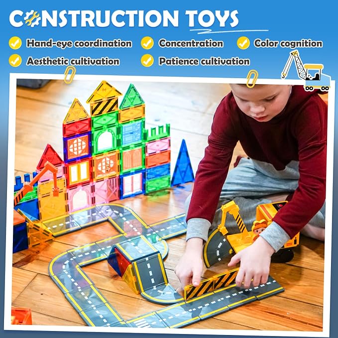 Soyee 102 PCS Magnetic Tiles with 2 Cars & 2 Cranes Magnet Construction Building Kids Toys for Creative Play and STEM Learning Boys Toys & Gifts for 3-12