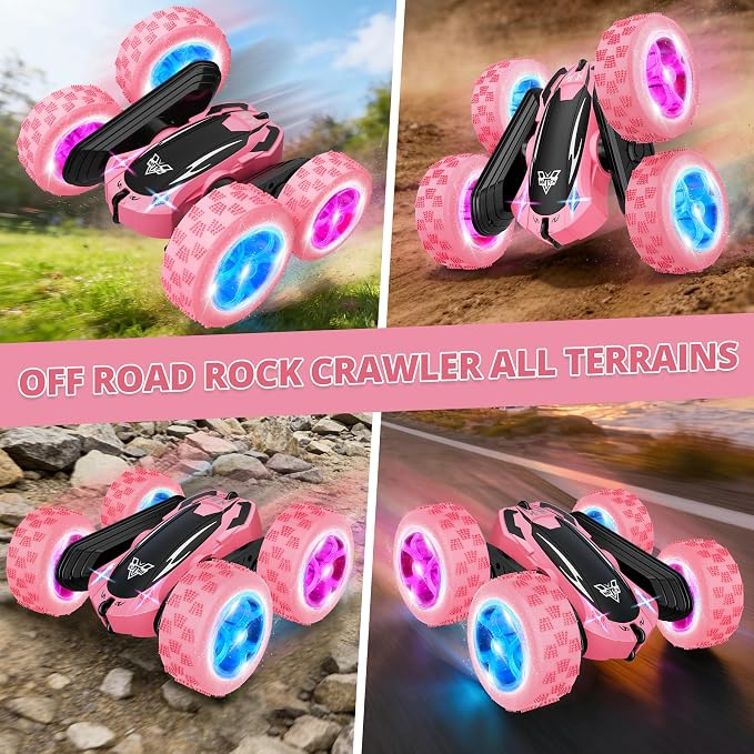 Remote Control Car, 2.4GHz RC Stunt Car, Double Sided 360° Rotating RC Cars with LED Headlight & LED Wheel, High Speed Off Road RC Crawler Xmas Gift for 3 4 5 6 7 8-12 Year Old Girls Toys (Pink)