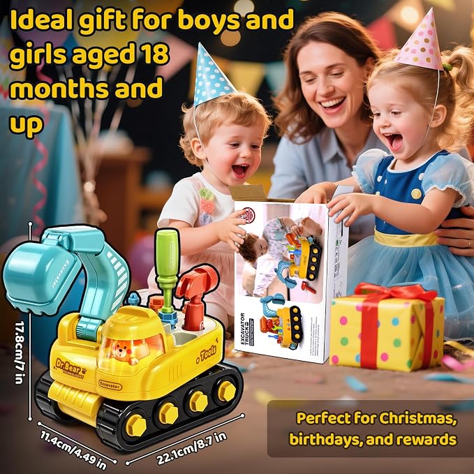 Toys for 2 Year Old Boys: Toddler Tool Set, Excavator Take Apart Toys with Electric Drill, Screwdriver, Wrench, Learning Pretend Construction Toy for 2 3 Years Old Kids Birthday Gift, Musical, Light