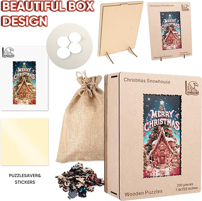 Leodozzio Christmas Tree Snowhouse Wooden Puzzles for Adults, 5MM Unique Shape Jigsaw Puzzle 200 Pieces, Warm Gifts for Friends Grandkids, Family Game,7.4x13.8 in