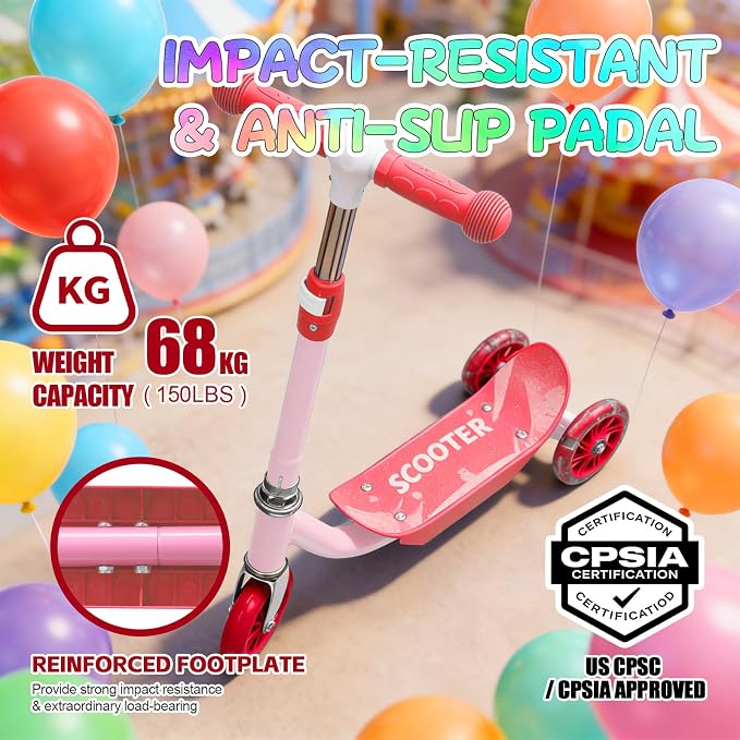 Scooters for Kids 3-5 Years Age 3-Wheel Light Up Scooter with Flexible Steer & 3-Adjustable Height for Boys Girls Outdoor Indoor Recreational Transport Blue Pink Orange