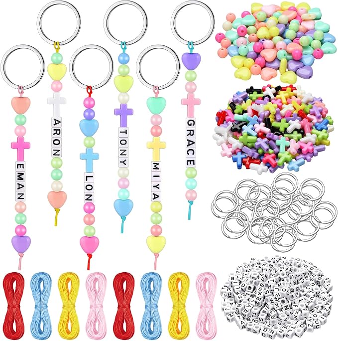 Landical 564 Pcs DIY Cross Bead Keychain Kit Christian Crafts Adjustable Name Letter Beads Cross Charm String Religious Church Gift Jewelry Vbs Backpack Accessories Holiday Party Favor(Cream Color)