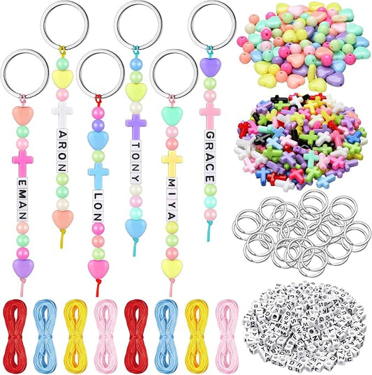 Landical 564 Pcs DIY Cross Bead Keychain Kit Christian Crafts Adjustable Name Letter Beads Cross Charm String Religious Church Gift Jewelry Vbs Backpack Accessories Holiday Party Favor(Cream Color)
