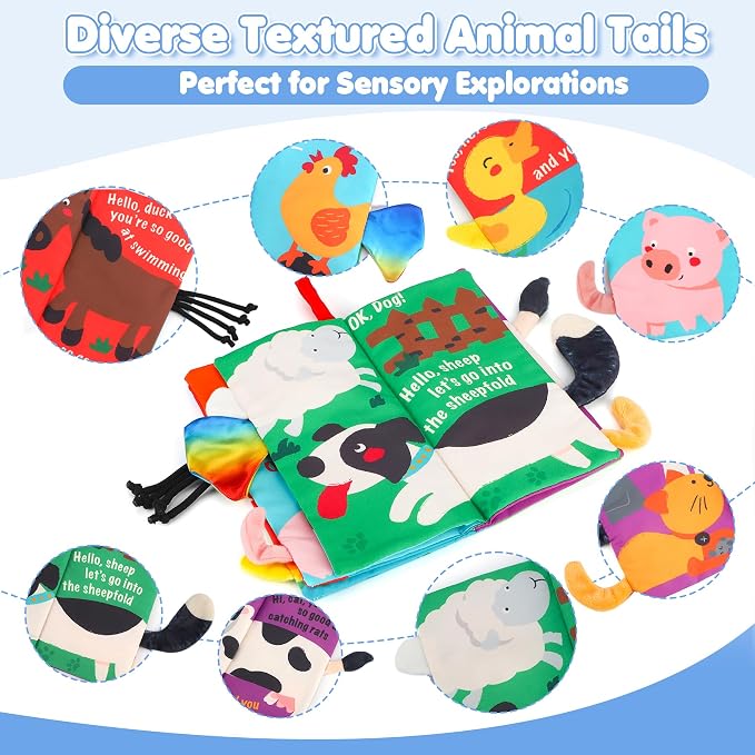 beiens Baby Books Toys, Touch and Feel Crinkle Cloth Books for Babies, Infants & Toddler, Early Development Interactive Car & Stroller Soft Toys for Boys & Girls (Farm Tails-1 Book)