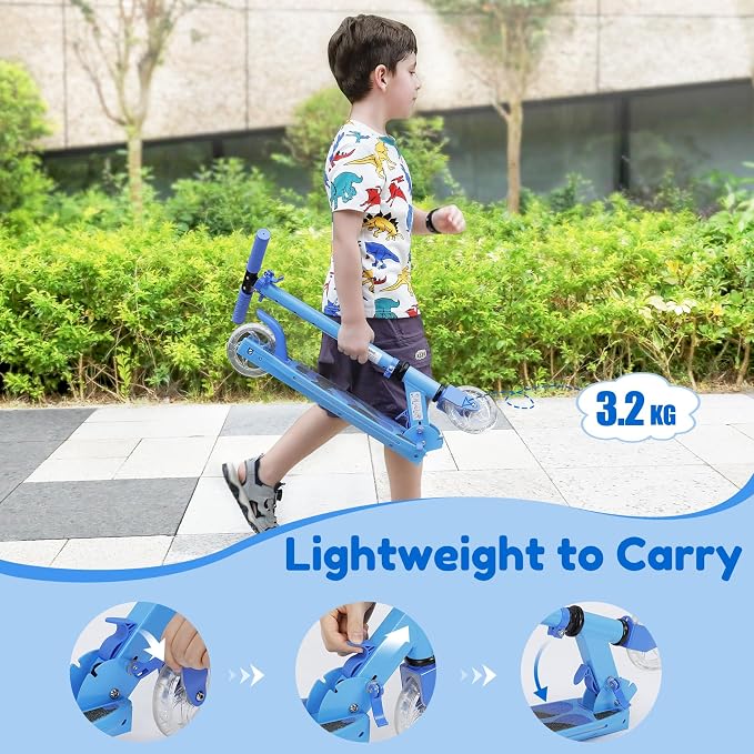 TONBUX Scooters for Kids 5-12, 2 Wheel Scooters with Cool Light Up Stem, Wheels, and Deck, 3 Level Adjustable Height Kick Scooter, Foldable and Lightweight Scooter for Kids 8-12