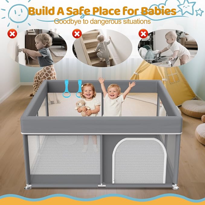 Grey Baby Playpen 64"x64" - with 2 Pull Up Rings Full Cover Anti-Collision Large Playard for Babies and Toddlers Dark Gray Pack n Play Alternative Safety Play Yard Infant Activity Center