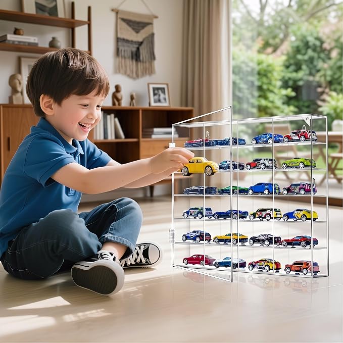 Acrylic Display Case for Hot Wheels, Toy Car Storage for 1/64 Scale Diecast Cars, Matchbox Garage, Collectible Model Cars, No Assembly Required, Magnetic Door Dustproof Showcase
