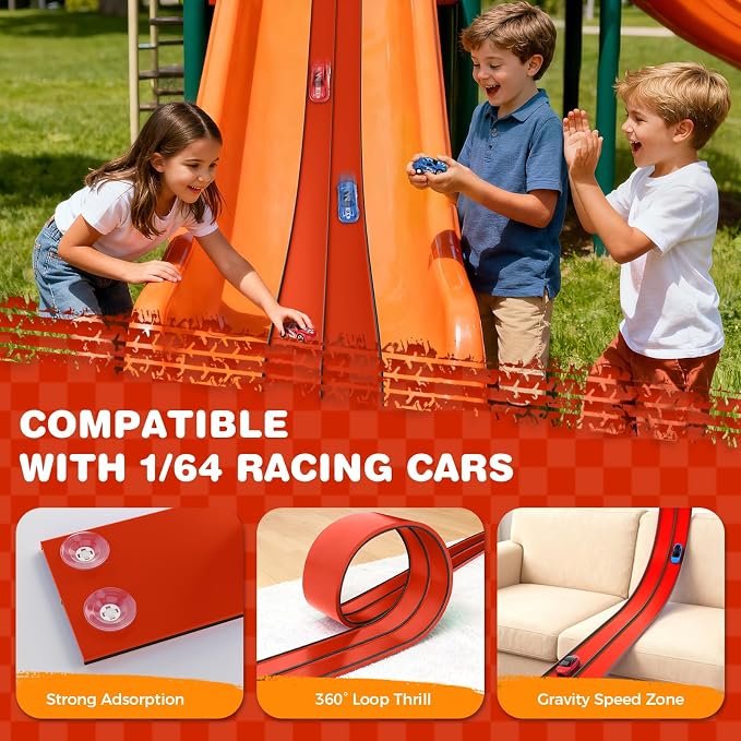 TAEMVV 15 Ft Dual Flexible Race Track for Kids, DIY Ramps Car Track Set Compatible with Hot Wheels 1/64 Diecast Cars, Reinforced Suction Cup for Boys Girls 3+, Red&Black